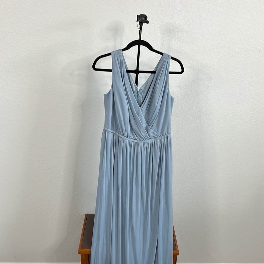 azazie dusty blue size 8 full-length bridesmaid dress with a slit is unaltered
